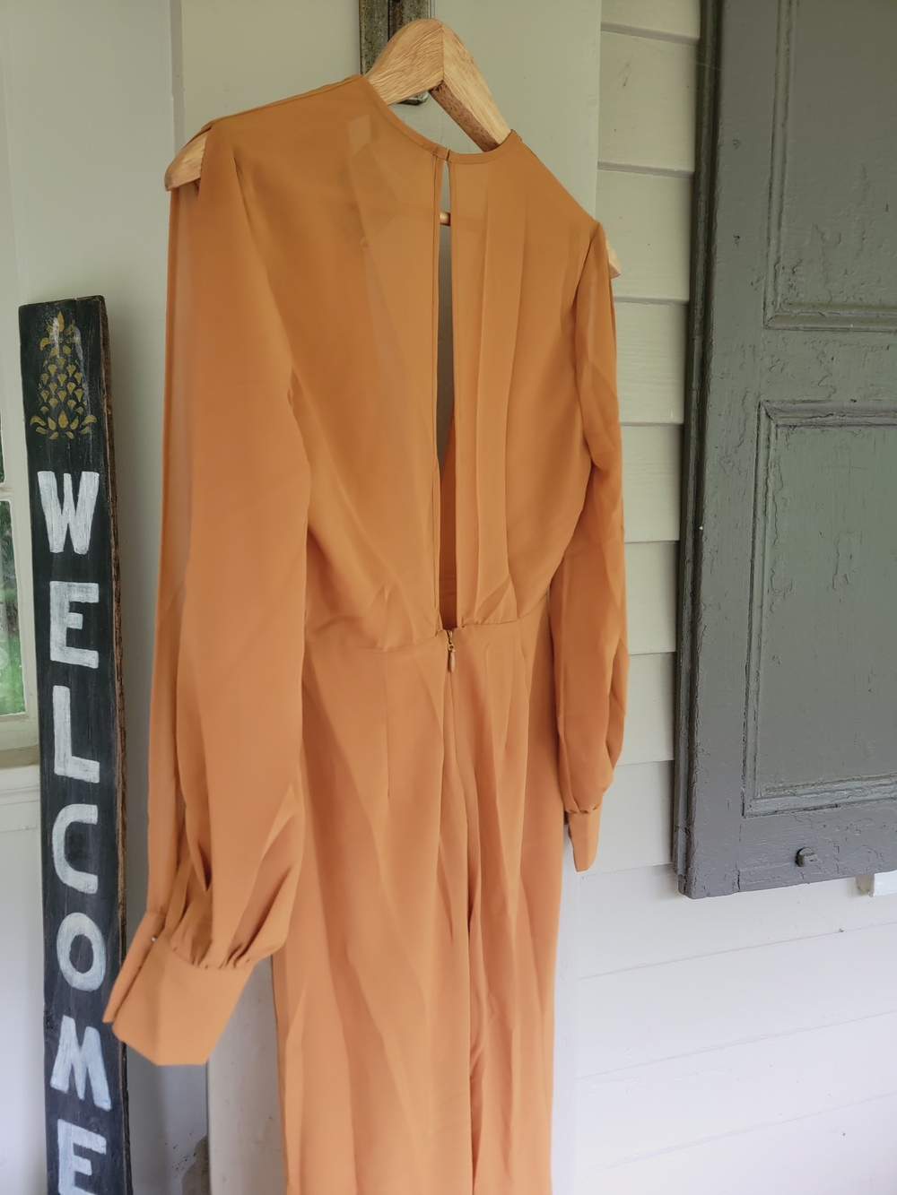 Nasty Gal Split Decision Plunging Mustard Color Poly Crepe Jumpsuit Open Sleeve - Picture 14 of 16